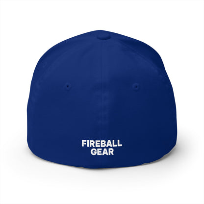 Gorra de béisbol bordada FlexFit de la serie Beast Mode - Flame &amp; Gear - Blanca