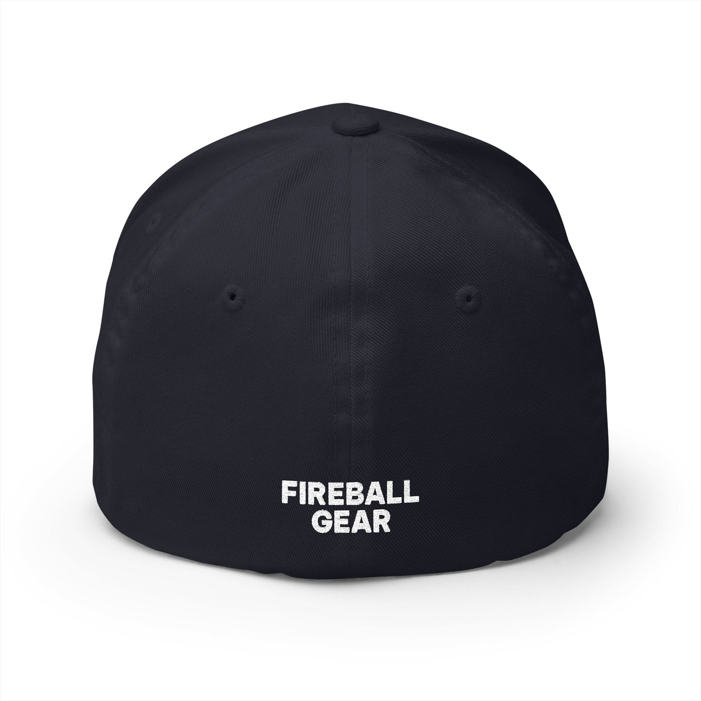 Gorra de béisbol bordada FlexFit blanca con llamas y equipo de Fireball Gear