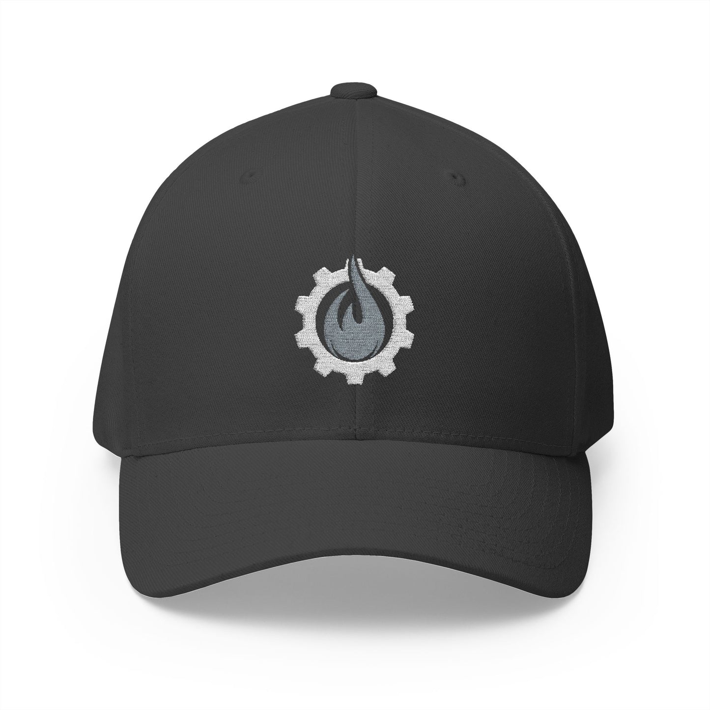 Gorra de béisbol bordada FlexFit de Fireball Gear - Flame &amp; Gear - Gris y blanca