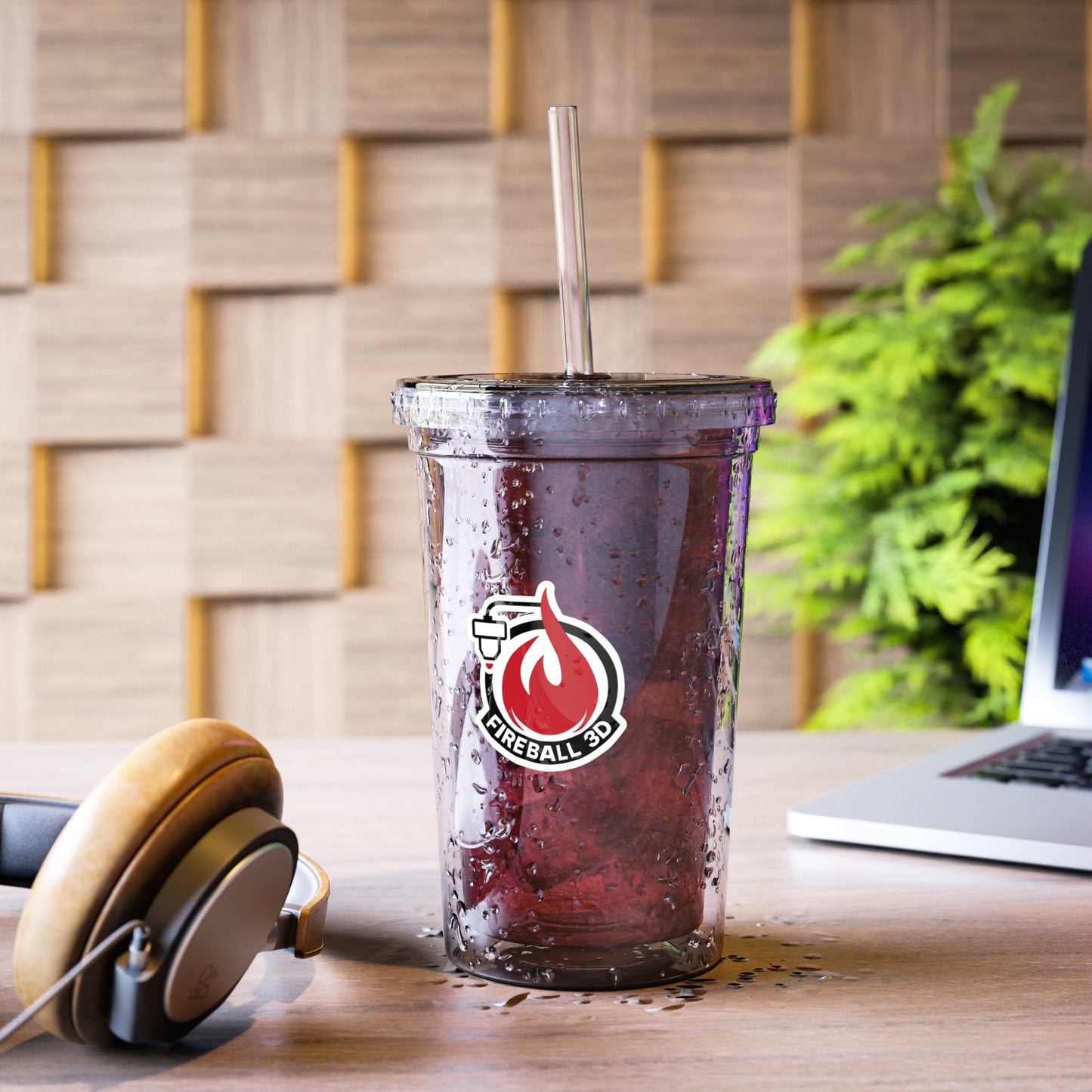 Fireball 3D - Vaso acrílico aislado de 16 oz, con tapa y pajita