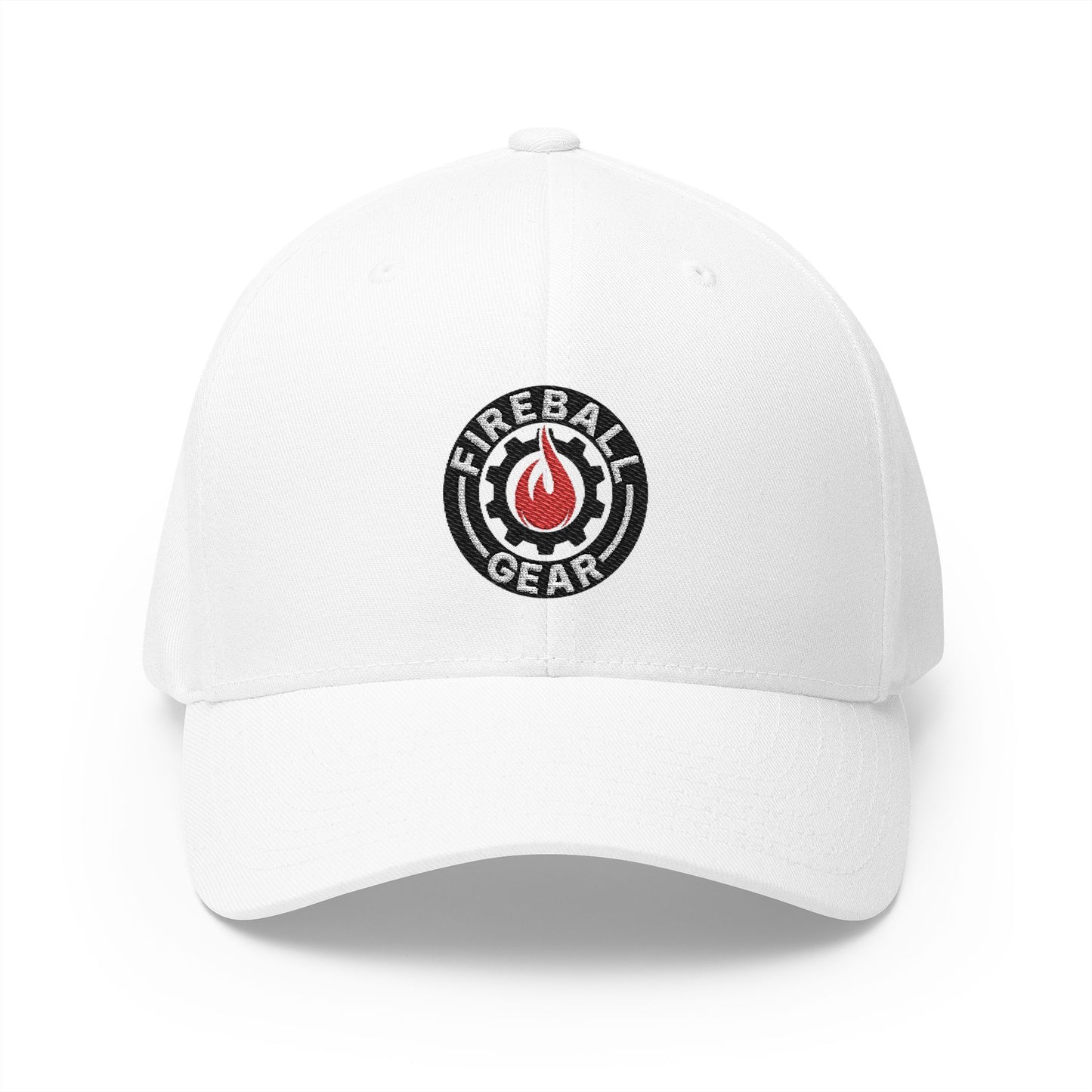 Fireball Gear - Brand Logo - Flame, Gear & Circle - Red, White & Black - FlexFit Cap