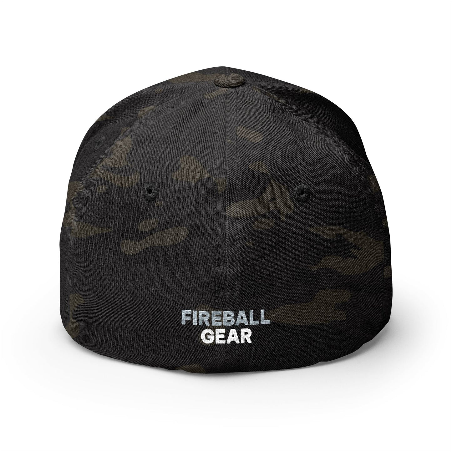 Gorra de béisbol bordada FlexFit de Fireball Gear - Flame &amp; Gear - Gris y blanca