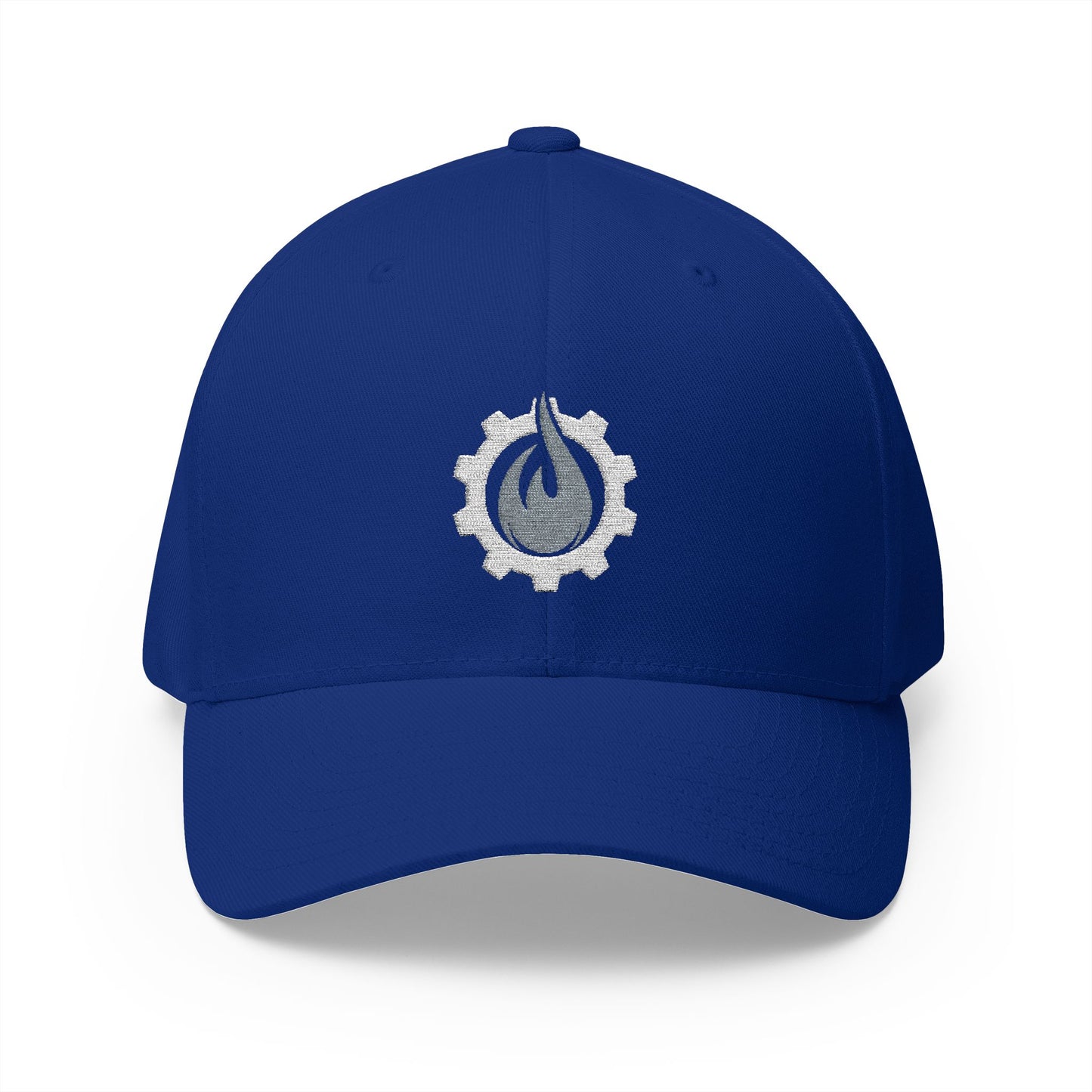 Gorra de béisbol bordada FlexFit de Fireball Gear - Flame &amp; Gear - Gris y blanca