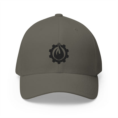 Gorra de béisbol bordada FlexFit negra con llamas y equipo de Fireball Gear
