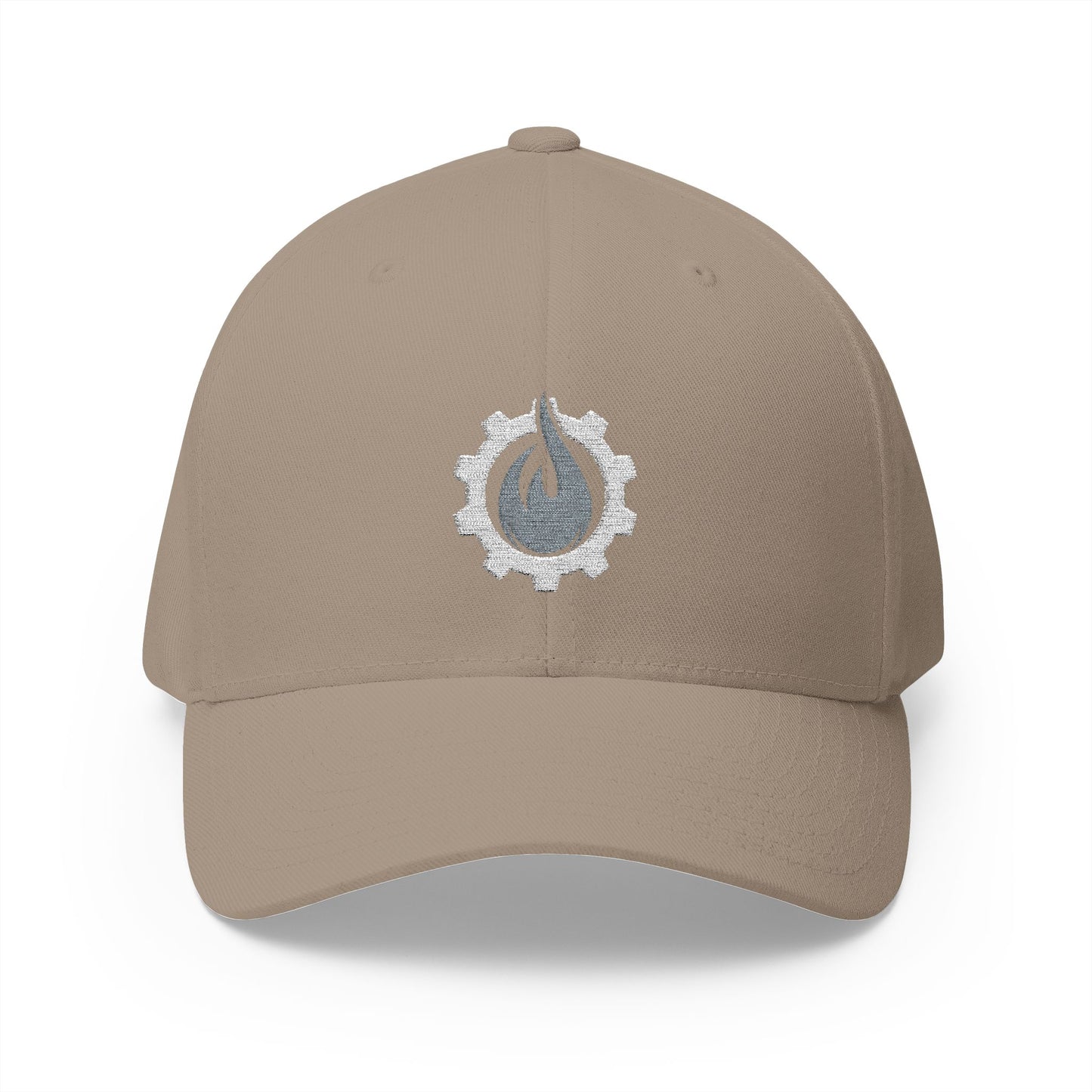 Gorra de béisbol bordada FlexFit de Fireball Gear - Flame &amp; Gear - Gris y blanca