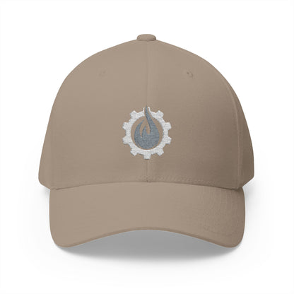 Gorra de béisbol bordada FlexFit de Fireball Gear - Flame &amp; Gear - Gris y blanca