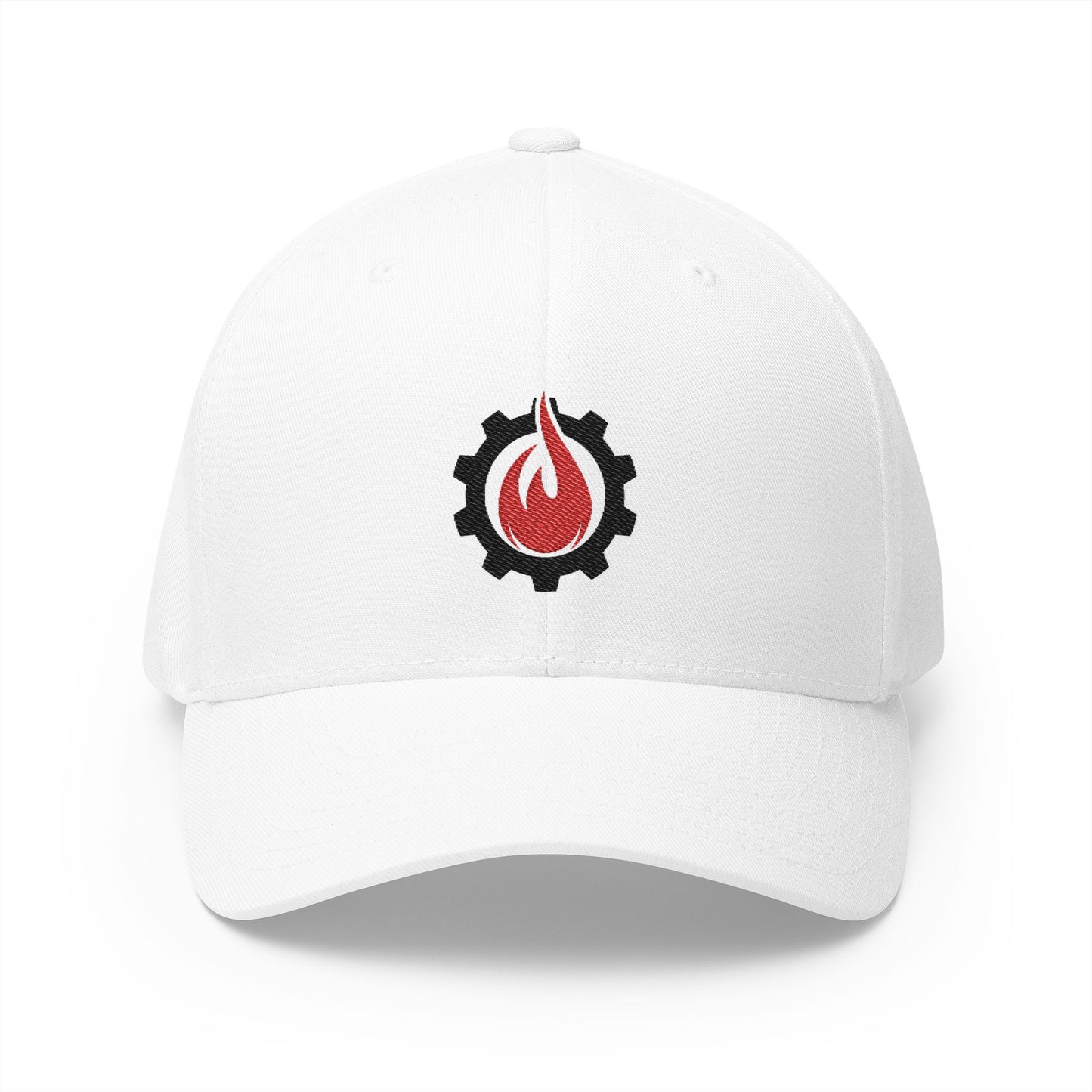 Gorra de béisbol bordada FlexFit de Fireball Gear - Flame &amp; Gear - Negra y roja