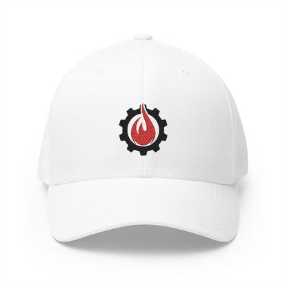 Gorra de béisbol bordada FlexFit de Fireball Gear - Flame &amp; Gear - Negra y roja