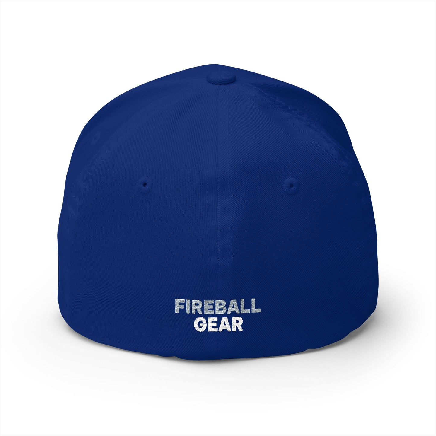 Gorra de béisbol bordada FlexFit de Fireball Gear - Flame &amp; Gear - Gris y blanca