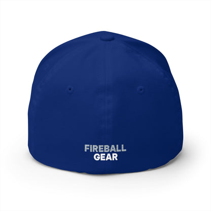 Gorra de béisbol bordada FlexFit de Fireball Gear - Flame &amp; Gear - Gris y blanca