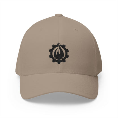 Gorra de béisbol bordada FlexFit negra con llamas y equipo de Fireball Gear