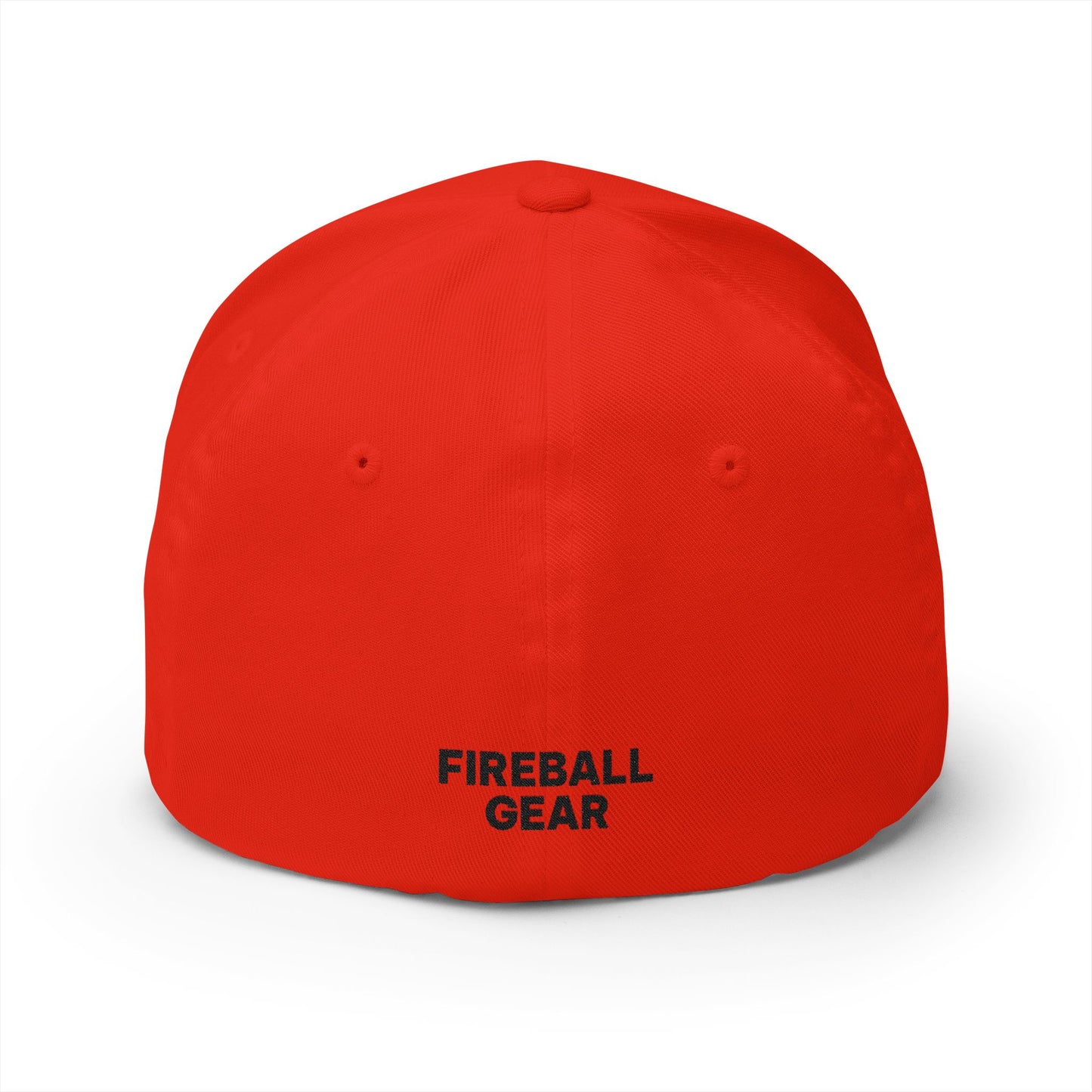 Gorra de béisbol bordada FlexFit negra con llamas y equipo de Fireball Gear