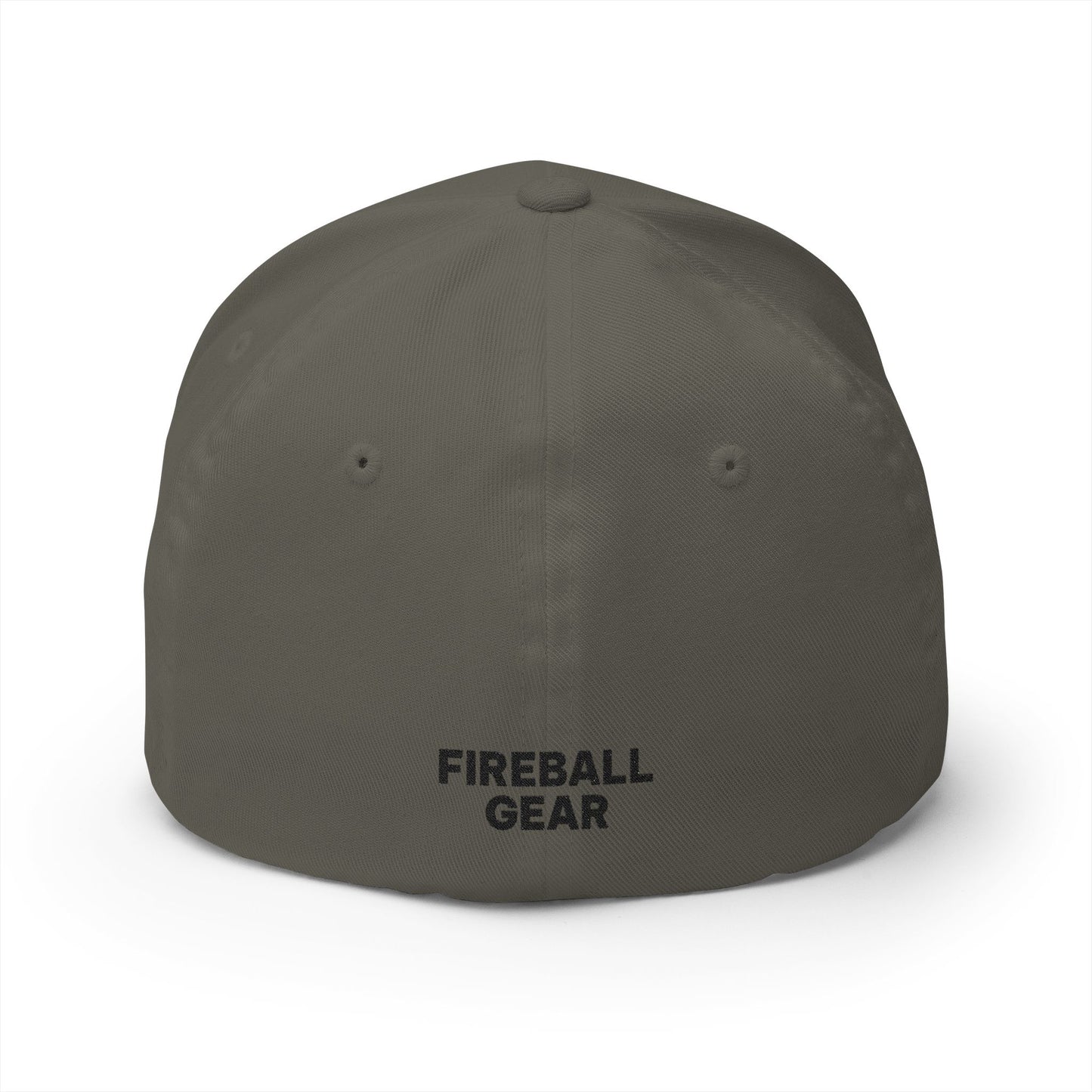 Gorra de béisbol bordada FlexFit negra con llamas y equipo de Fireball Gear