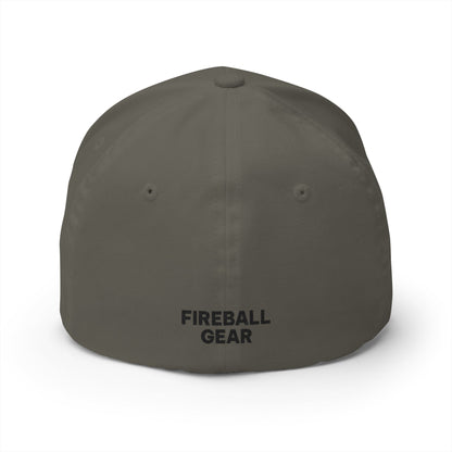 Gorra de béisbol bordada FlexFit negra con llamas y equipo de Fireball Gear