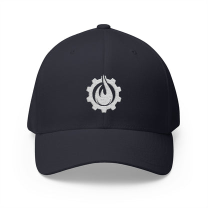 Gorra de béisbol bordada FlexFit blanca con llamas y equipo de Fireball Gear