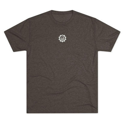 Fireball Gear - Camiseta unisex de mezcla triple gris y blanca con llamas y engranajes centrados