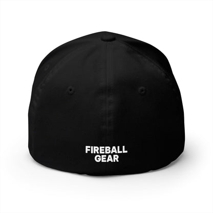 Gorra de béisbol bordada FlexFit blanca con llamas y equipo de Fireball Gear