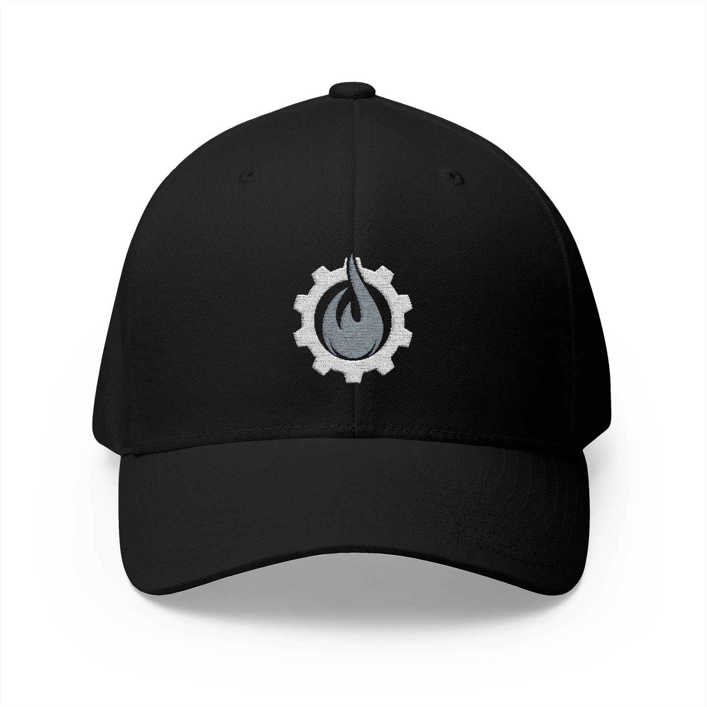 Gorra de béisbol bordada FlexFit de Fireball Gear - Flame &amp; Gear - Gris y blanca