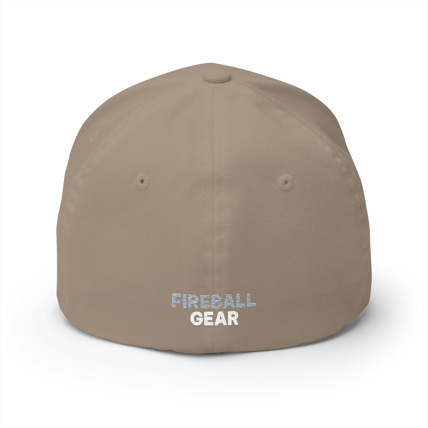 Gorra de béisbol bordada FlexFit de Fireball Gear - Flame &amp; Gear - Gris y blanca