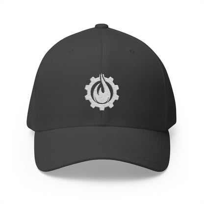 Gorra de béisbol bordada FlexFit blanca con llamas y equipo de Fireball Gear