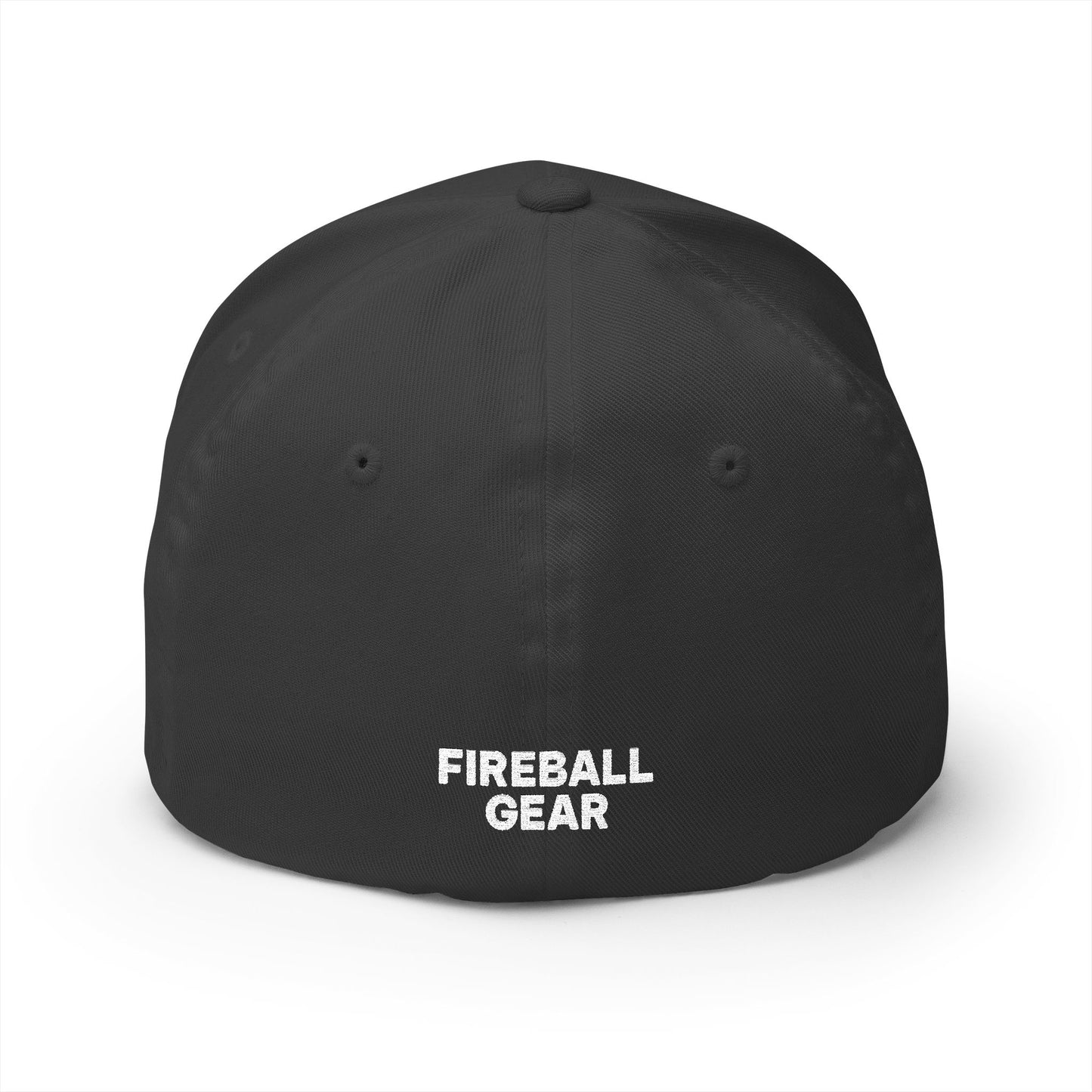 Gorra de béisbol bordada FlexFit de la serie Beast Mode - Flame &amp; Gear - Blanca