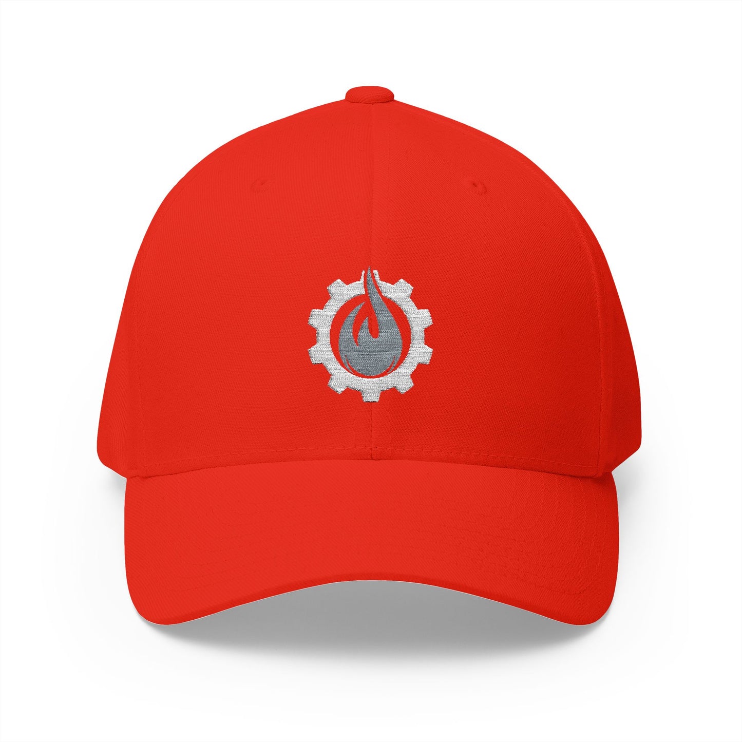 Gorra de béisbol bordada FlexFit de Fireball Gear - Flame &amp; Gear - Gris y blanca