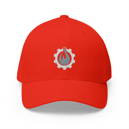Gorra de béisbol bordada FlexFit de Fireball Gear - Flame &amp; Gear - Gris y blanca