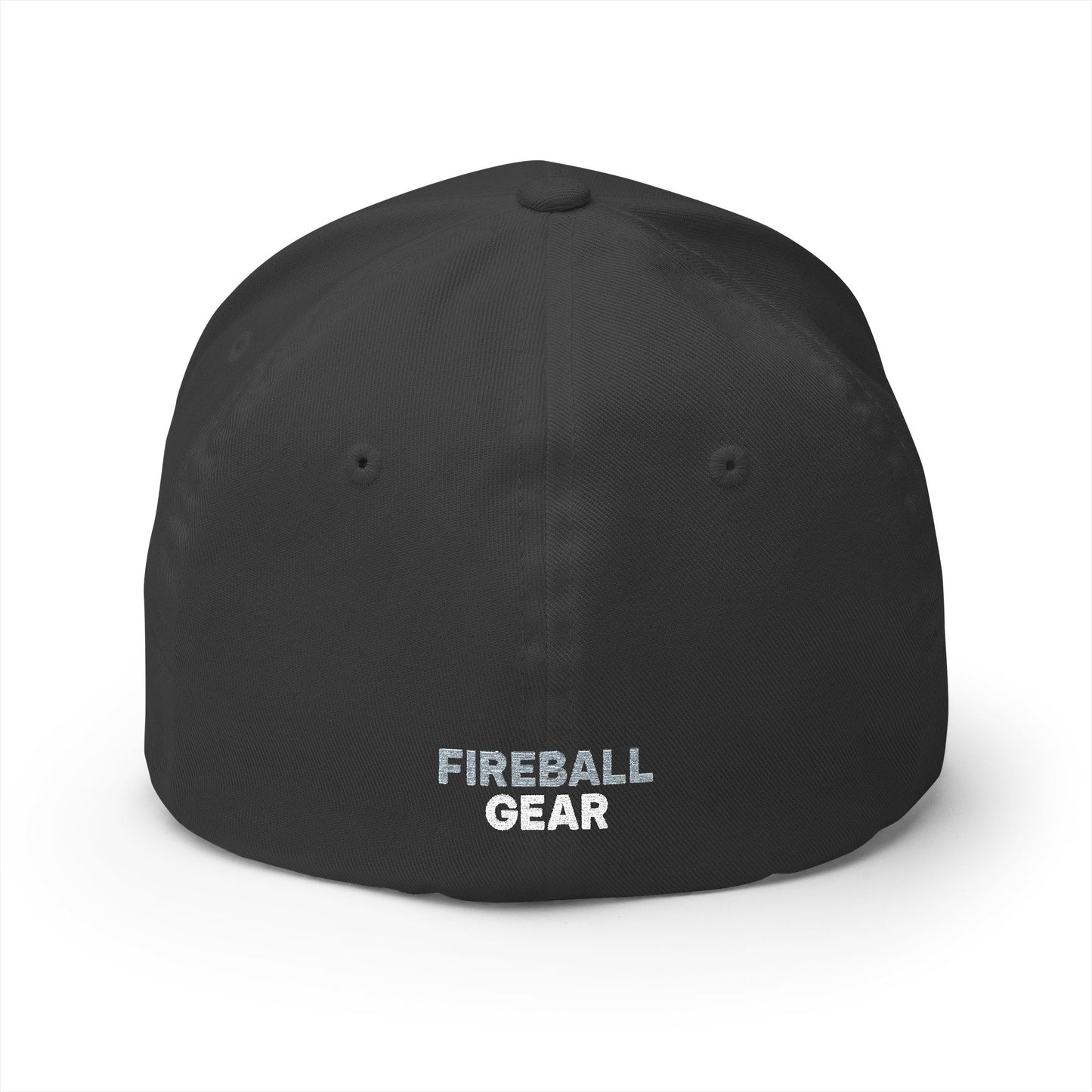 Gorra de béisbol bordada FlexFit de Fireball Gear - Flame &amp; Gear - Gris y blanca