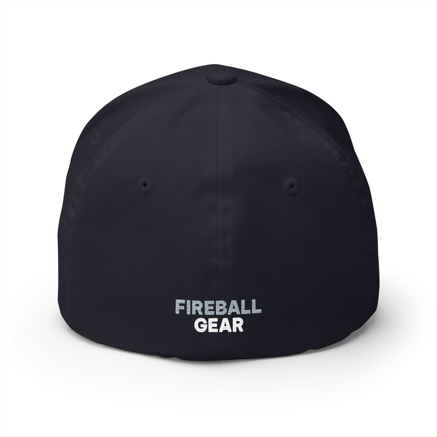 Gorra de béisbol bordada FlexFit de Fireball Gear - Flame &amp; Gear - Gris y blanca