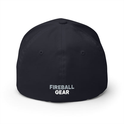 Gorra de béisbol bordada FlexFit de Fireball Gear - Flame &amp; Gear - Gris y blanca
