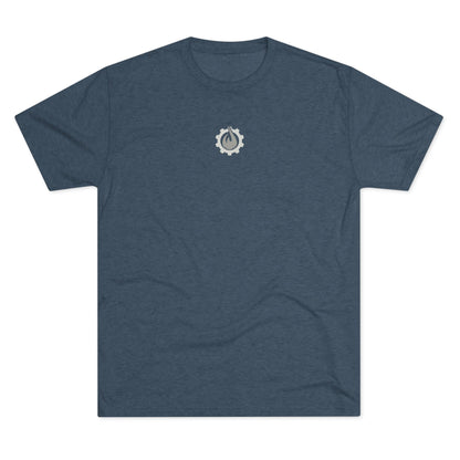 Fireball Gear - Camiseta unisex de mezcla triple gris y blanca con llamas y engranajes centrados