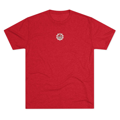 Fireball Gear - Camiseta unisex de mezcla triple gris y blanca con llamas y engranajes centrados