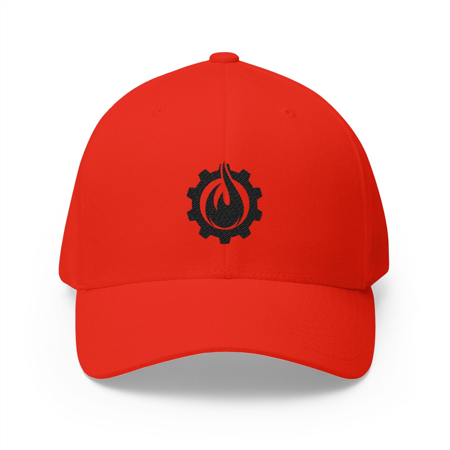 Gorra de béisbol bordada FlexFit negra con llamas y equipo de Fireball Gear