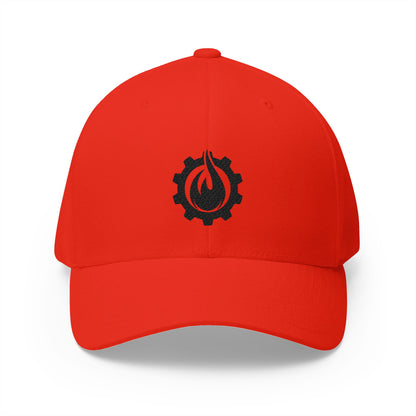 Gorra de béisbol bordada FlexFit negra con llamas y equipo de Fireball Gear