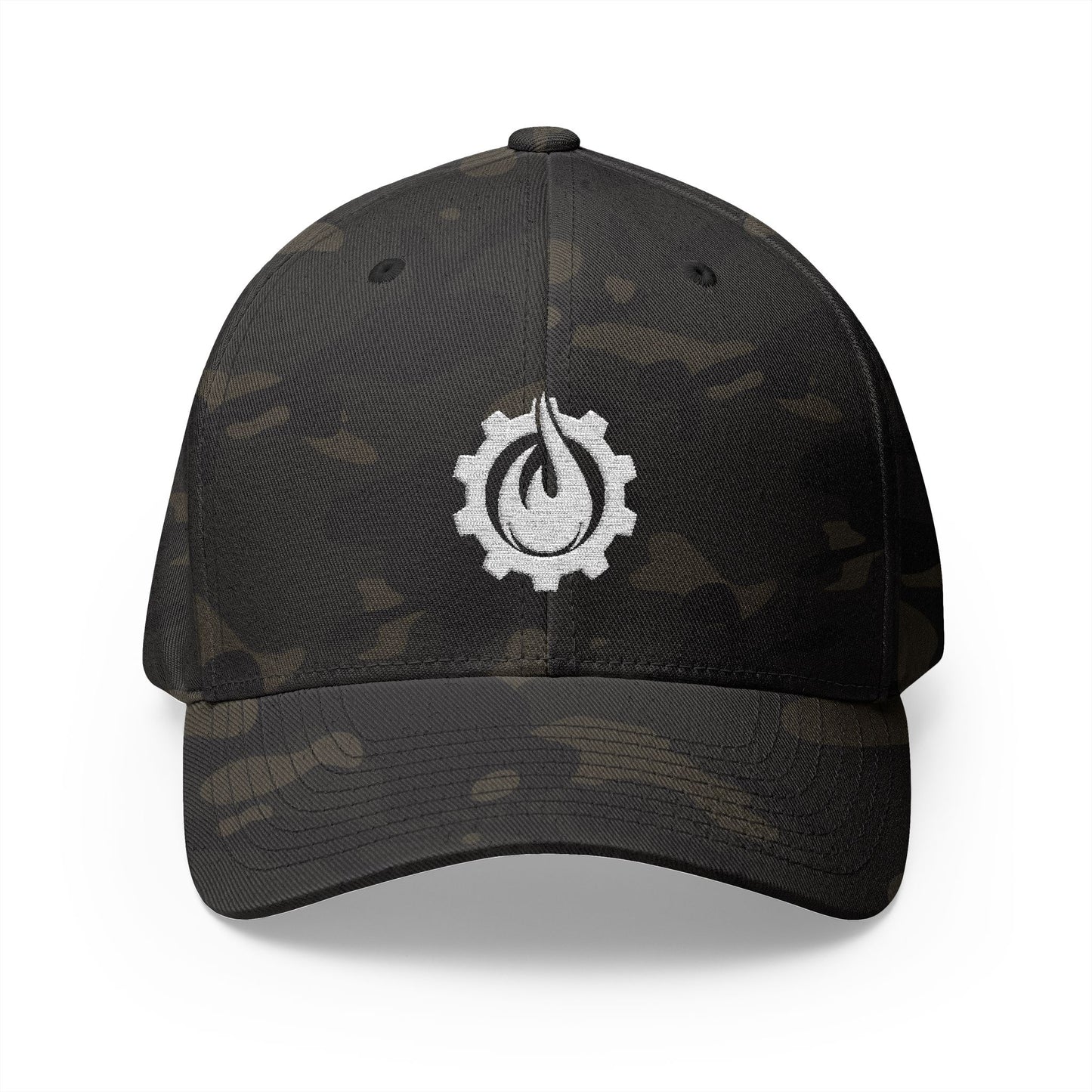 Gorra de béisbol bordada FlexFit blanca con llamas y equipo de Fireball Gear